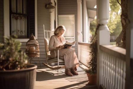 Female Caucasian senior reading books in front porch casual relaxing. Generative AI AIG23.の素材