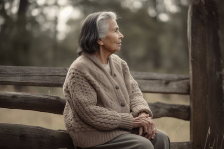 Female Hispanic elderly knitting cozy sweater warmth patio. Generative AI AIG23.の素材