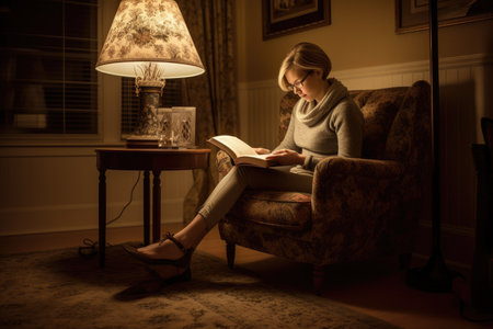 Female Caucasian middle aged reading books in home library casual relaxing. Generative AI AIG23.の素材