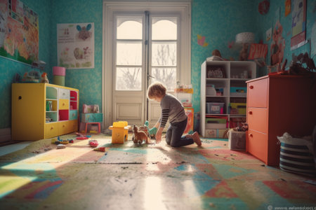 Male Caucasian child playing in playroom fun leggings. Generative AI AIG23.の素材
