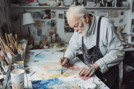 Male Caucasian senior painting art studio artist apron picture drawing. Generative AI AIG23.の素材
