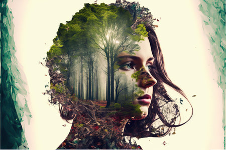 Double exposure image of woman portrait with natural freshness of forest background for sense of peaceful tranquility concept. Meditative and mental ability abstract art. Superb Generative AIの素材