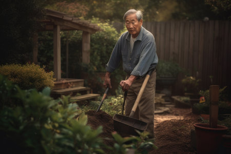 Male Asian senior gardening in backyard plants grass. Generative AI AIG23.の素材