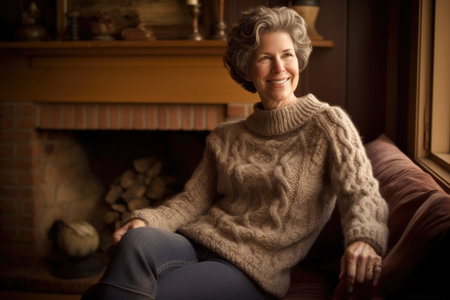 Female Caucasian elderly knitting cozy sweater warmth living room. Generative AI AIG23.の素材