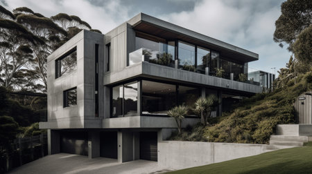Home architecture design in Contemporary Style with Glass facade constructed by Concrete and Glass material. Contemporary architecture style. Generative AI AIG25 .の素材