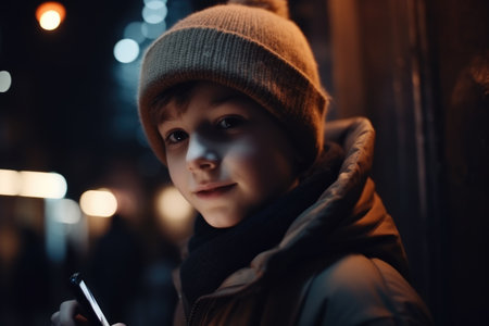 Low angle shot of a young caucasian 10-year-old little boy trendy clothes using mobile phone with background of urban city street at night. Generative AI AIG18.の素材