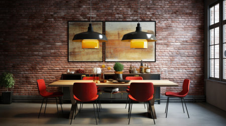 Interior design inspiration of Industrial Urban style home dining room loveliness decorated with Metal and Concrete material and Exposed Brick Wall .Generative AI home interior design .の素材