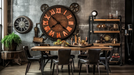 Interior design inspiration of Industrial Eclectic style home dining room loveliness decorated with Steel and Glass material and Wall Art .Generative AI home interior design .の素材
