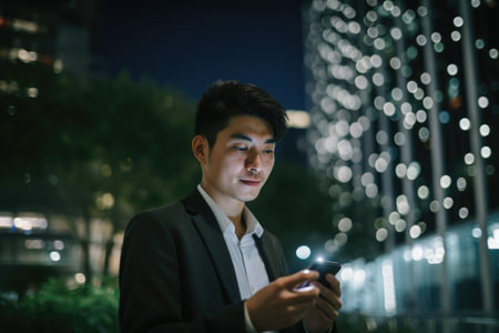 Wide angle shot of a young chinese japanese businessman executive using mobile phone with background of modern office buildings at night. Generative AI AIG18.の素材