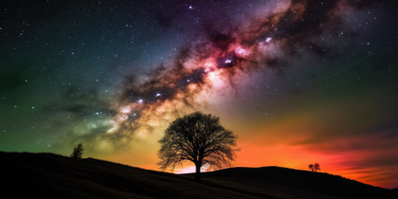 Tree silhouette on a hill with colorful swirling galaxy in the sky. Generative AI AIG27.の素材