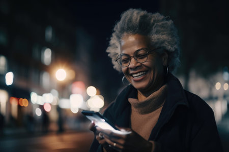 a senior african-american woman trendy clothes using mobile phone with background of urban city street at night Generative AI AIG18.の素材