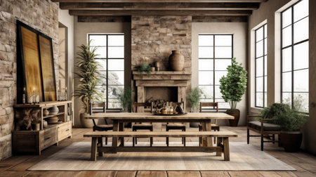 Interior design inspiration of Rustic Industrial style home dining room loveliness decorated with Stone and Wood material and Fireplace .Generative AI home interior design .の素材