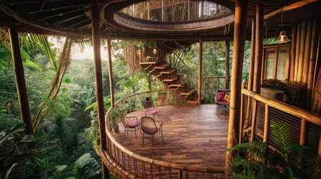 Balcony of tropical treehouse in jungle. Generative AI image AIG30.の素材