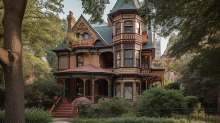 Home architecture design in Gothic Revival Style with Pointed arches constructed by Stone and wood material. Victorian grandeur. Generative AI AIG25 .の素材