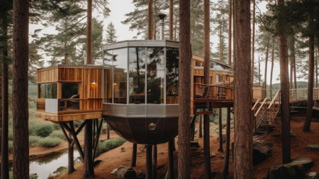The exterior design of modern wooden Scandinavian treehouse with tall trees in forest and lake view. Generative AI image AIG30.の素材