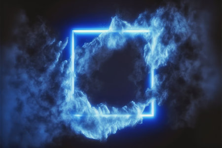 Abstract of glowing smoke square frame illuminated with neon light on darkness sky view. Concept of futuristic minimal geometric shape in paradise. Finest generative AI.の素材