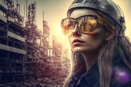 Wondrous portrait of a female engineer in sunglasses with cityscape and construction site reflection, set against a warm sunset background. Modern city living and infrastructure by Generative AIの素材