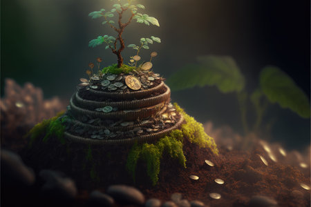 Business concept by growing plants on coin stack isolated on blur landscape background. Theme of glowing young plant from seed in the forest. Finest generative AI.の素材