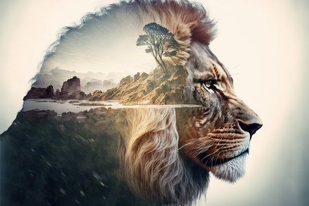 Modern design male lion with double exposure background of african jungle and savanna landscape as wondrous concept of the natural adventure and majestic wildlife animal by Generative AI.の素材