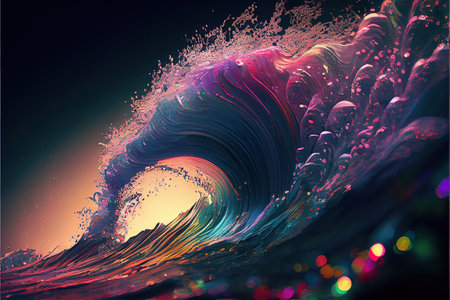 Vibrant rainbow color tidal wave splashing in contemporary abstract art background with colorful gradient and beautiful lighting. Superb Generative AIの素材