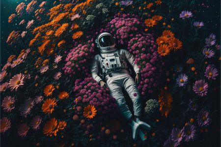 Astronaut laying in the colorful flower garden with top view. Concept of the relaxation in space cinematic fantasy dark light. Finest generative AI.の素材