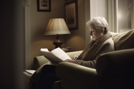 Female Caucasian elderly reading books in living room casual relaxing. Generative AI AIG23.の素材