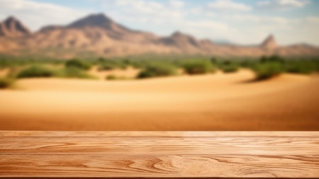 The empty wooden brown table top with blur background of desert dune mountain. Exuberant image.の写真素材