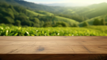 The empty wooden table top with blur background of tea plantation. Exuberant image.の写真素材