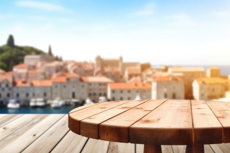 The empty wooden table top with blur background of the old town Dubrovnik . Exuberant image.の写真素材