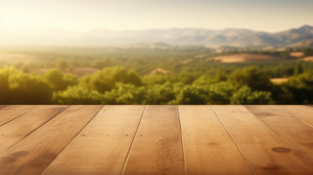 The empty wooden brown table top with blur background of Napa hill landscape. Exuberant image.の写真素材