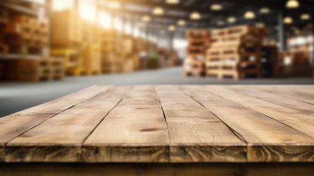 The empty wooden table top with blur background of a large warehouse. Exuberant image.の写真素材