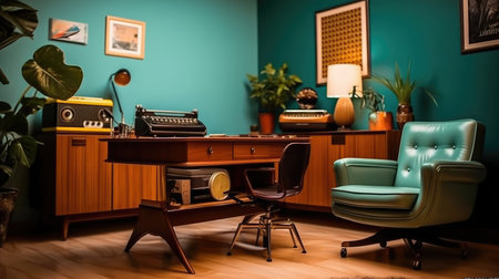 Inspiring office interior design Mid-century style Private office featuring Retro furniture architecture. Generative AI AIG 31.の素材