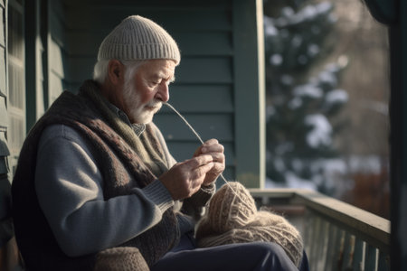 Male Caucasian elderly knitting cozy sweater warmth patio. Generative AI AIG23.の素材
