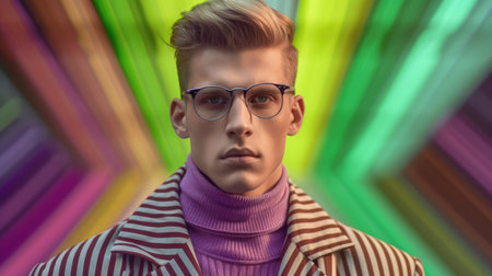 Young male model posing with trendy man fashion outfit and colorful green optical art abstract background. Picturesque generative AIの素材