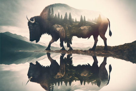 American male bison grazing on grassland with double exposure background of natural scenery in yellowstone. Large mammal body with fur and horn. Superb Generative AI.の素材