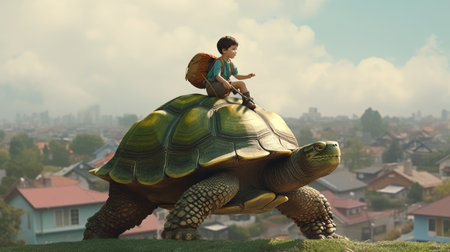 A little boy riding on a giant turtle above suburban town. Generative AI AIG27.の素材