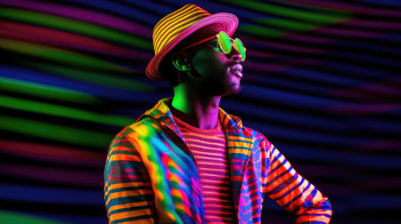 Young male model posing with trendy man fashion outfit and colorful vibrant glowing green and pink optical art abstract background. Picturesque generative AIの素材