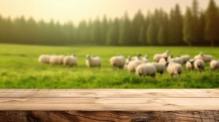 The empty wooden brown table top with blur background of sheep pasture. Exuberant image.の写真素材