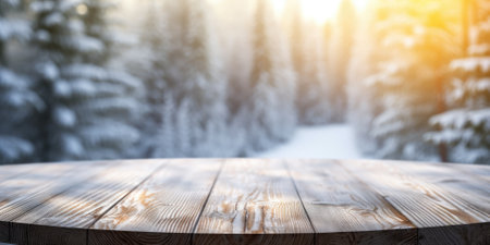 The empty wooden table top with blur background of winter in Finland. Exuberant image.の写真素材