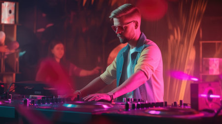 candid an excited DJ young scandinavian man mixing music at turntables with headphones. beautiful Generative AI AIG32の素材