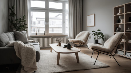 Living room decor, home interior design . Scandinavian Minimalist style with Large Window decorated with Wood and Concrete material . Generative AI AIG26.の素材