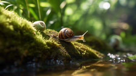 photo of a snail, macro photography , stream of fresh water, young green plant, outdoor springtime. beautiful Generative AI AIG32の素材