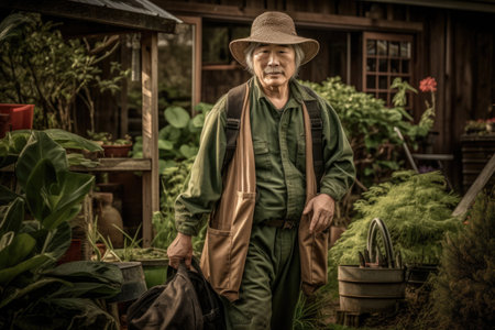 Male Asian senior gardening in backyard plants grass. Generative AI AIG23.の素材