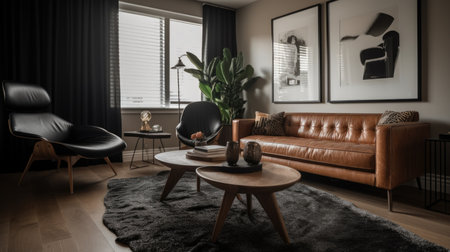 Living room decor, home interior design . Modern Mid-Century style with Artwork decorated with Leather and Wood material . Generative AI AIG26.の素材