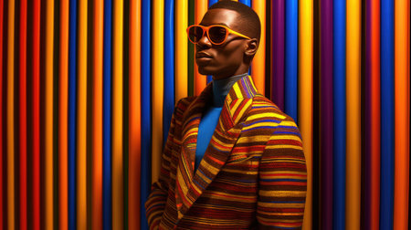 Young male model posing with trendy man fashion outfit and colorful orange optical art abstract background. Picturesque generative AIの素材