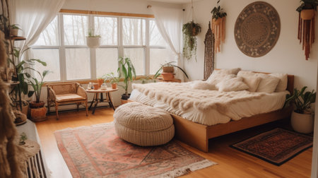 Bedroom decor, home interior design . Mid-Century Modern Bohemian style with Gallery Wall decorated with Wood and Textile material . Generative AI AIG26.の素材