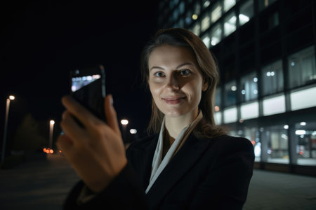 Wide angle shot of a young caucasian businesswoman executive using mobile phone with background of modern office buildings at night. Generative AI AIG18.の素材