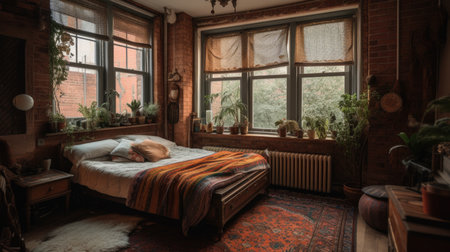Bedroom decor, home interior design . Rustic Bohemian style with Window decorated with Brick and Textile material . Generative AI AIG26.の素材