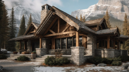 Home architecture design in Ranch Style with Wide frontage constructed by Wood, Stone, Glass material. Emphasis on simplicity. Generative AI AIG25 .の素材