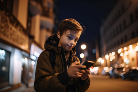 Wide angle shot of a young caucasian 10-year-old little boy trendy clothes using mobile phone with background of urban city street at night. Generative AI AIG18.の素材
